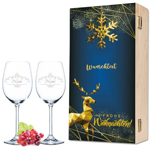 Leonardo - Bicchieri da vino con incisione, motivo cervo di Natale, personalizzabili con nome e testo desiderato, set con scatola di legno, regalo per uomini e donne, colore: blu