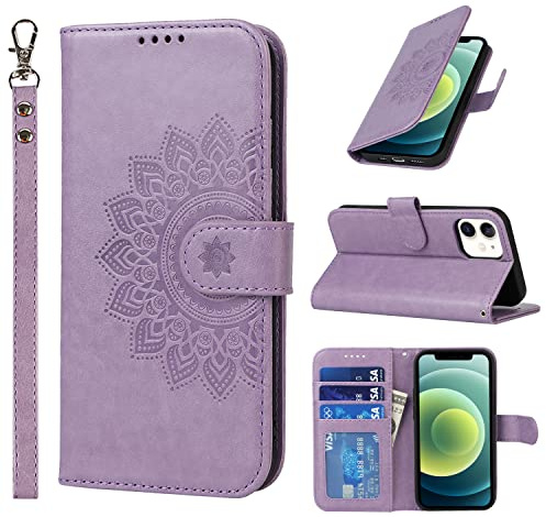 ELTEKER Handyhülle iPhone 12 mini Hülle, [3 Kartenfächer] [Magnet Verschluss] Leder Eleganter Prägung Schutzhülle Klapphülle für iPhone 12 mini, Violett