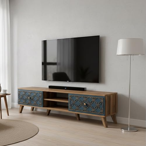 Dmora Mobile Porta TV Atlux, Credenza da soggiorno, Armadio Basso per TV, Base parete attrezzata, 180x35 h44 cm, Noce e BLU
