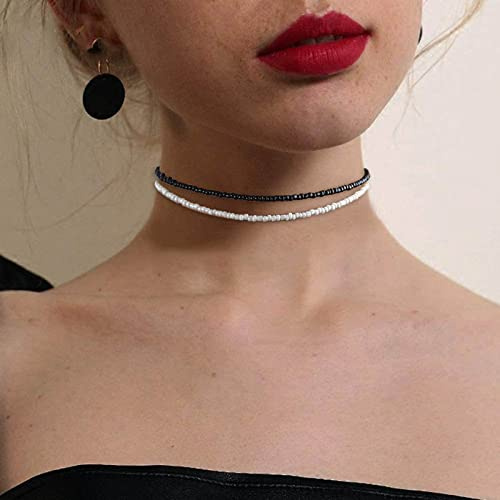 Wendalern Boho Beaded Choker Neckalce Winzige Saatperlen Halskette Hawaiianische Schwarze Halskette Weiße Perlen Kragen Halskette Geschichtet Dünne Halskette Kettenschmuck Für Frauen Und Mädchen 2pcs