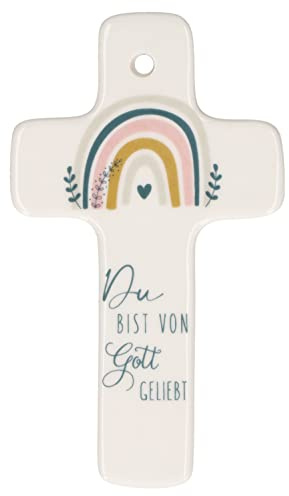 Butzon & Bercker Kinderkreuz Porzellan - Wandkreuz Taufe & Geburt | Wei%es 11 cm Kreuz mit Regenbogen, Spruch Du bist von Gott geliebt und Geschenkverpackung f%cr die Erstkommunion
