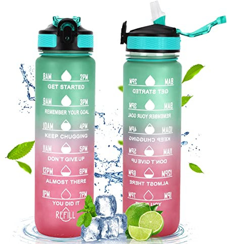 Trinkflasche mit Strohhalm und Zeitmarkierung, Sport Trinkflasche, 1L Auslaufsichere Wasserflasche, Sportwasserflasche mit Maß, Ideal für Camping, Fitnessstudio, Radfahren