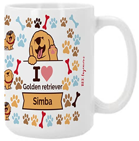 BEE INGENIOUS Taza GOLDEN personalizada con nombre. Taza desayuno XL de 443 ml. Taza perros personalizada con nombre. Regalo para amigas. Tazas razas de perros. Tazas originales para regalar. (Golden)