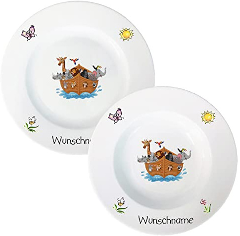 Speiseservice 2-tlg. Kinder Geschirr Porzellan Arche Noah Speiseteller & Suppenteller Set personalisierbar mit Wunschname Name Kindergeschirr mit Namen personalisiert
