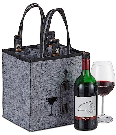 Relaxdays Flaschentasche, 9 Flaschen, Flaschenträger mit Motiv, HBT 45 x 24 x 24 cm, Filztasche Wein, Bier & Sekt, grau
