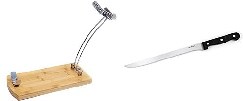 Fackelmann Set Jamonero, Incluye Soporte Jamonero Plegable de Madera de Bambú y Cuchillo Jamonero Nirosta Mega 36 cm con mango de plástico POM, hoja de 24 cm