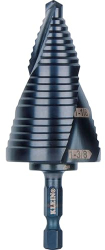 Klein Tools QRST15 Step Drill Bit, Quick Release Spiral Double-Fluted, 7/8 to 1-3/8-Inch, Hex Shank, Cut Steel, Wood, Plastic, Aluminum