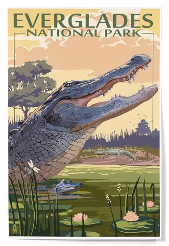 Lantern Press 12x18 Inch Art Print, Home Decor, The Everglades National Park, Florida, Alligator Scene, Painterly Series