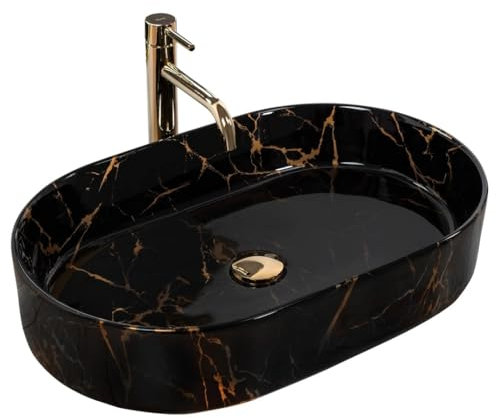 GTM Design Keramik Waschbecken - Aufsatzwaschbecken fürs Badezimmer - Waschbecken Oval - Design Waschbecken im modernen Stil - Schwarzer Marmor - 61x38,5x12 cm