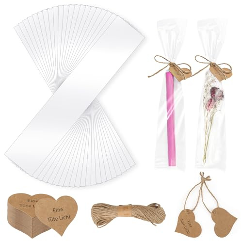 100 Stück Kerzentüten, Kerzen Tüten Durchsichtig mit 100 Geschenkanhänger Kraftpapier und 20m Schnur, Zellophantüten Kerzen Verpackung für Stabkerzen Süßigkeiten Birthday Party Hochzeit Geschenke