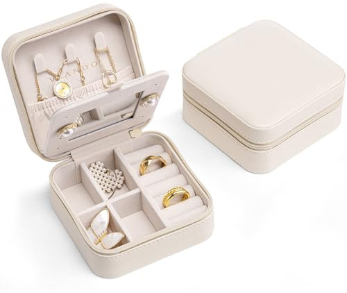Vlando Small Faux Leather Travel Jewellery Box Organizer Display Storage Case for Rings Earrings Necklace with Mirror