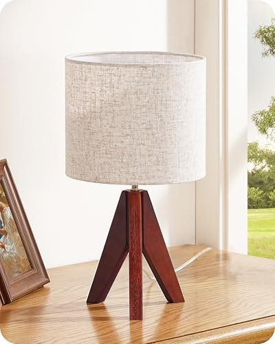 EDISHINE Lámpara de Noche de Madera, Lámpara de Mesa Minimalista con Trípode, Casquillo E27, Pantalla de Lino Beige Vintage para Oficina, Sala de Estar, Dormitorio, Rincón