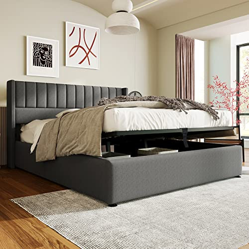 Polsterbett Stauraumbett Hydraulisch Doppelbett 140x200cm, Lattenrost aus Holz, Bett mit Lattenrost aus Metallrahmen, Leinen (Grau)