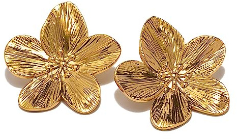 Bohemian Cherry Blossom Stud Earrings for Women Girls 18K Gold Plated Stainless Steel Flower Stud Hypoallergenic Piercing Earrings Fashion Statement Sensitive Ear Jewelry Gifts Wedding
