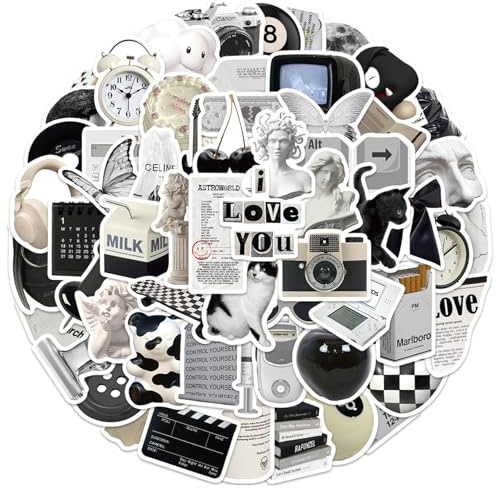 GGTTNRT 61Pcs Laptop Stickers Scrapbook Stickers, Stickers Aesthetic Personalized Vintage Black and White Sticker, for Computer Phone Journal Skateboard Cups, Adults Children (Black and White)