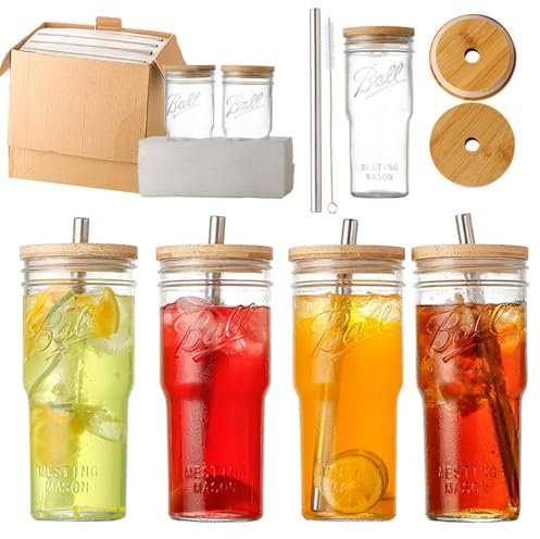 PKRANZYHKAL Juego de 4 vasos de vidrio transparente con tapas y popotes, vasos de té helado de 24 onzas, tazas de café helado con tapas, vasos grandes para bebidas frías, duradero y elegante