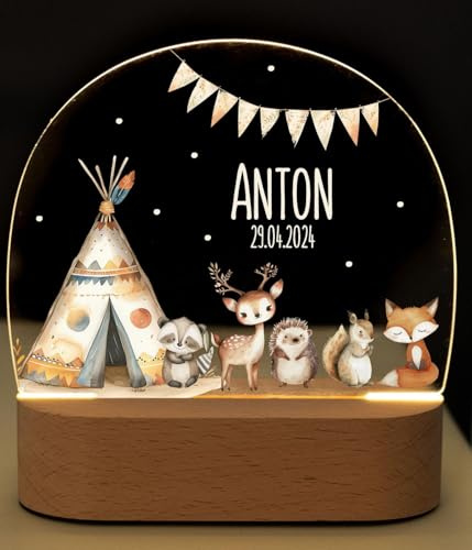 Bärenfreunde® - Personalisiertes Nachtlicht für Babys - Individuelle Nachttischlampe für Kinder - Personalisierte Geschenke Kinder - Babygeschenk - Geschenk zur Geburt (Zelt Tiere)