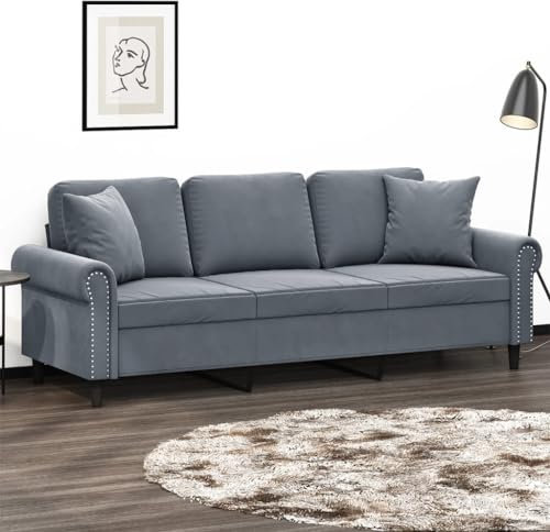 Homgoday 3-Sitzer-Sofa mit Zierkissen Loungesofa Sofa Couch Moderne Gästesofa Liegesofa Sitzmöbel Relaxcouch Sofa für Wohnzimmer Büro Schlafzimmer Dunkelgrau 180 cm Samt