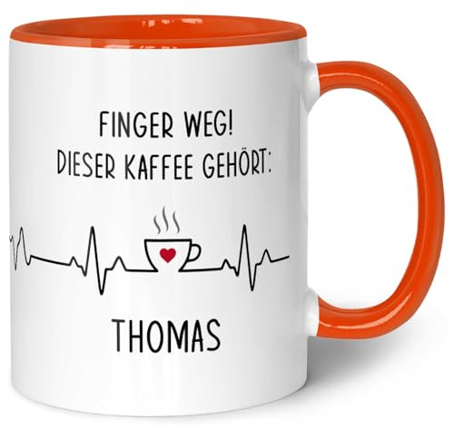 GRAVURZEILE Bedruckte Tasse mit Spruch - Finger Weg! - Personalisiert mit Name - Lustige Geschenke für Arbeitskollegen im Büro Arbeit - Geschenk für Sie & Ihn - Spülmaschinenfest - Orange
