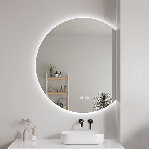 Grande specchio da parete a mezzaluna antinebbia con illuminazione a specchio HD, 3 colori, specchio decorativo retroilluminato intelligente (taglio a destra, 100 x 90 cm)