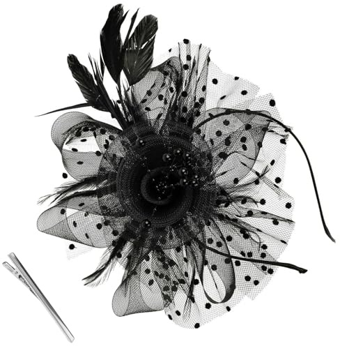XOKL Fascinator für Hochzeiten, schwarzer Fascinator für Damen, Fascinator-Hut, Teeparty, Netz, Blume, Feder, Perlen, Clip-Stirnband, Cocktailparty-Kopfbedeckung für Damen und Mädchen (schwarz)