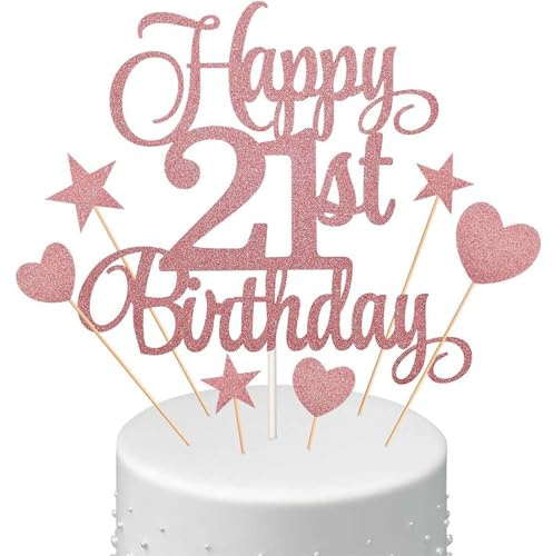 Happy Birthday Cake Topper 21st, 23pcs Rose Gold Glitter Happy 21st Birthday Cake Topper Kit with Star Heart Paper Fan, Cupcake Topper (Rose Gold)