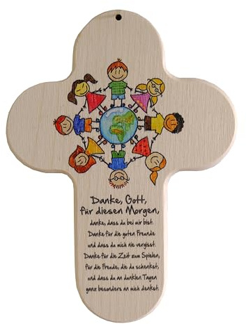 Kaltner Präsente Idea de regalo – Cruz infantil de 20 cm para la habitación de los niños, madera de haya natural con impresión de colores, regalo para bautizo o nacimiento