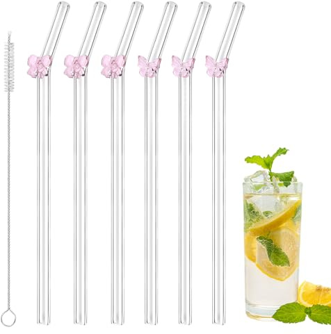6stk Glasstrohhalme mit Anhängern und 1stk Reinigungsbürste, Wiederverwendbare Süße Glasstrohhalme mit Schmetterling und Schleife Temperaturbeständig Bruchfest Zubehör Kaffee Milch Saft(Pink)
