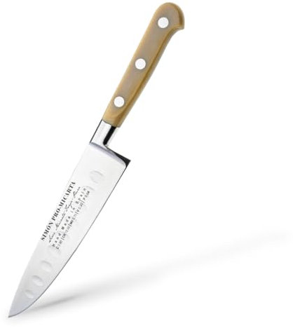 Cuchillo Utilitario Alveolado Simón PRO Micarta | Hoja de 15 cm en Acero Forjado | Mango Ergonómico de Micarta de Lino | Funda de Piel Negra | Ideal para Vegetales y Embutidos