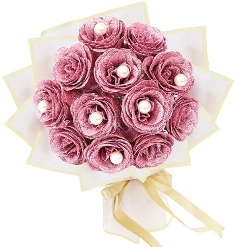 12 Pcs Pink Glitter Roses Bouquet,glitter flowers bouquet,DIY Fake Flowers with glitter Bouquet,Everlasting Shiny Rose Artificial Flower for Valentines,Anniversary, Graduation, Birthday,with pearls.
