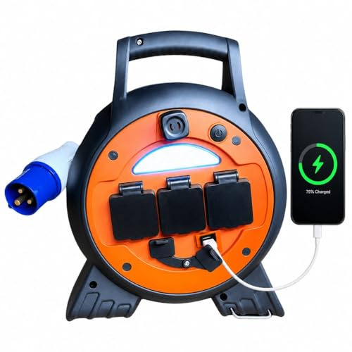 240v 10A Camping Mains Roller Power Unit with USB & LED light, Circuit Breaker Electric Hook Up for Caravans, Motor Homes, Tents & Boats
