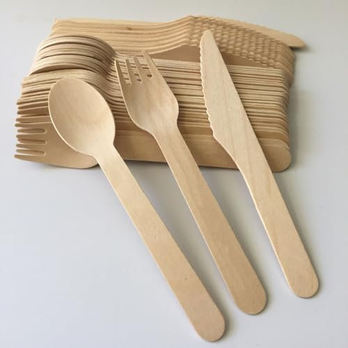 Disposable Wooden Cutlery Set - 50 Knives 50 Forks 50 Spoons Eco-Friendly Birch Utensils for Dessert Ice Cream Takeout Restaurant Biodegradable