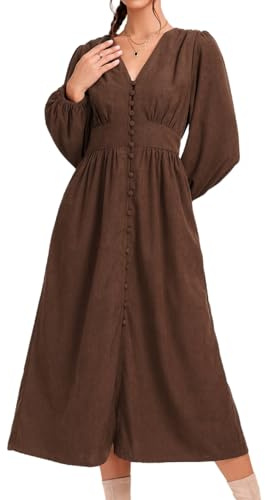 EZAPINE Womens Corduroy Midi Dresses Button Up A Line Puff Sleeve 2025 Wedding Guest Maxi Dress Brown