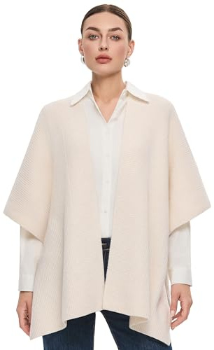 PULI Womens Luxury Ivory Open Front Shawl Wraps Casual Chunky Warm Capes Ribbed Knit Poncho Travel Sweater for Fall Winter