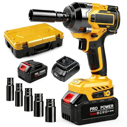 Uadme Avvitatore a Impulsi a Batteria 21V 650Nm, Mandrino 1/2, 2 Batterie 4,0Ah e Caricabatteria, Motore Brushless, Chiave ad Impulsi a Massa Battente, con 6 Bussole, per Auto e Officina Meccanica