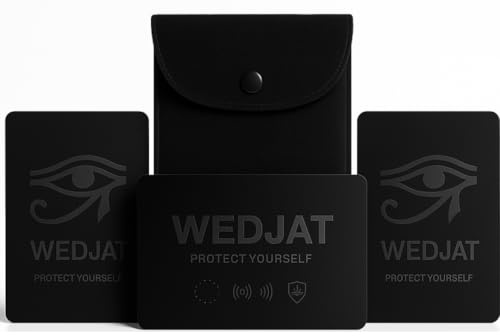 wedjat RFID Blocker Karte 3er Set – NFC Schutzkarte für Geldbörse | 2 Standard + 1 Selbstklebende Karte | Kartenschutz Polycarbonat 1mm CE | Geschenkbox – Geschenk für Männer & Frauen
