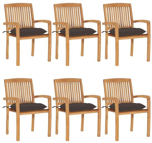 HaoChrymec Stapelbare Gartenstühle mit Kissen 6 STK. aus Massivholz Teak, Witterungsbeständig, Ergonomisches Design, Gartenmöbel Set, Stapelstuhl Garten, Balkon Stuhl, Taupe, 60 x 57.5 x 90 cm