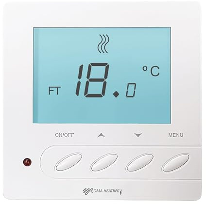 UFH Direct RM5 Manual Underfloor Heating Thermostat, Dual Sensor (Air & Floor), 16A 230V, Clear LCD, Simple On-Demand Control – White