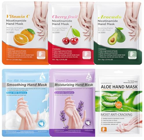 6 Pairs Hand Mask Gloves, Moisturising Gloves with Vitamin C Serum for Dry Hands Repair, Infused with Milk, Aloe Vera, Avocado & Lavender for Hydrating & Softening Hand Moisturiser Glove