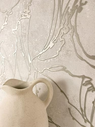 Newroom Vliestapete Beige Grafik Linien Betonoptik Tapete Wohnzimmer | warmes Greige mit fließenden Konturen, matte Putzoptik mit Schimmer, Mustertapete, Wandtapete, Schlafzimmer, Flur