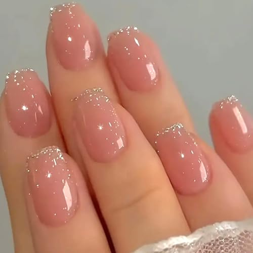 24 Pezzi Unghie Finte Bambina Corte Quadrate, Rosa Glitter Ballerina Unghie Press on, Colore Unito Unghie Finte Adesive, Acrilico Naturali Fake Nails per Ragazze Donna Nail Art Decorazioni