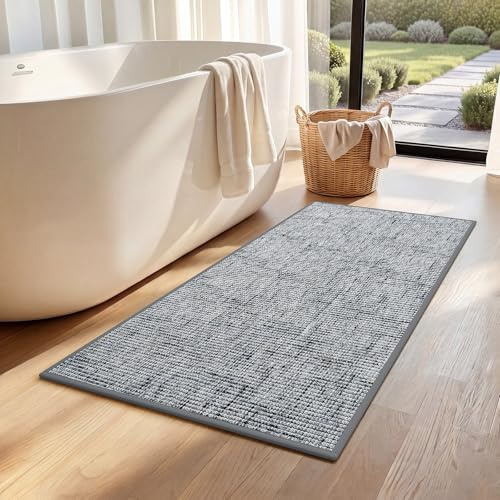 Cheerx Badteppich rutschfest Waschbar 70x120cm, Badematte mit Gummi, Mehrfarbige gewebte Badezimmerteppich, Super Saugfähige Badvorleger, Bath Mat für Dusche,Badewanne und Toilette, Grau