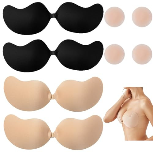 WNTJN 4 Pares Sujetador Adhesivo sin Tirantes,Invisible sin Espalda Silicona Bra,Sticky Bra, Mujer Sujetador Invisible Push Up sin Espalda, Reutilizable, para Vestido, Novia, Vestido, Gala
