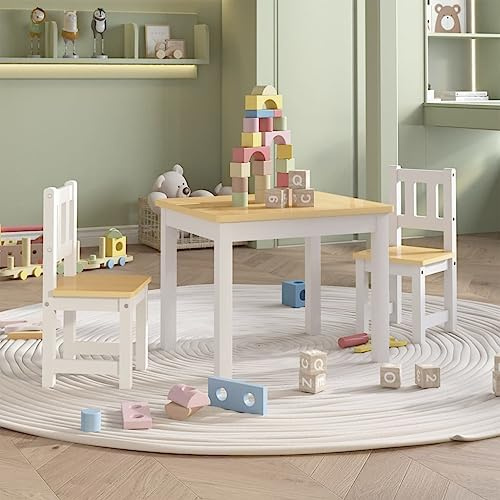 Runheo 3-delad barnsittgrupp, vit, beige av MDF med bord, 60 x 50 x 48 cm och 2 stolar, 25 x 25 x 55 cm, för barnrum, babyrum, som möbelset och utrustning för säker användning