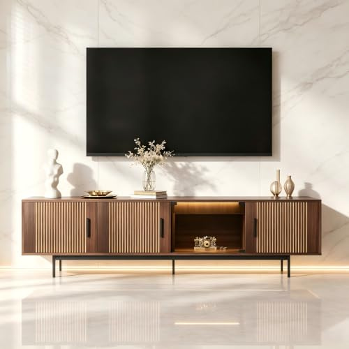 VILUXE Meuble TV bas 200 cm avec application LED Bluetooth - Noyer noir - Meuble TV avec porte en verre pour 50-59
