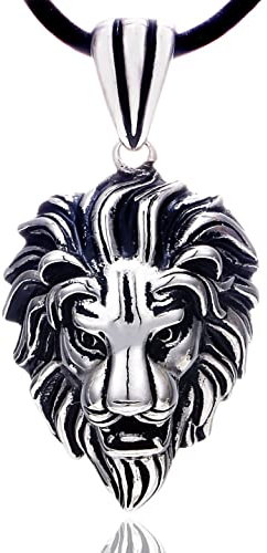 DonDon Herren Lederkette Leder Halskette 50 cm mit Edelstahl Anhänger Drache Thor Hammer Zahn Totenkopf Löwe und vielen weiteren
