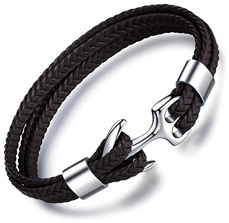 MicLee Herren Männlich Anker Armband Fashion Handgefertigt Echtlederarmband mit Edelstahl Graviert mit Geschenk Box für Männer