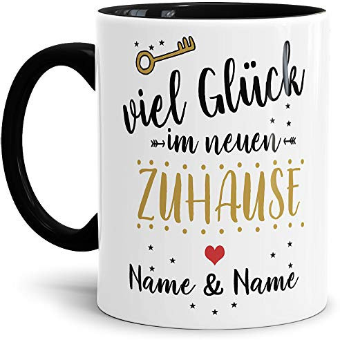 Tasse mit Spruch Viel Glück - Innen & Henkel Schwarz/Zuhause/Eigenheim/Geschenk-Idee/Personalisierbar/Individuell