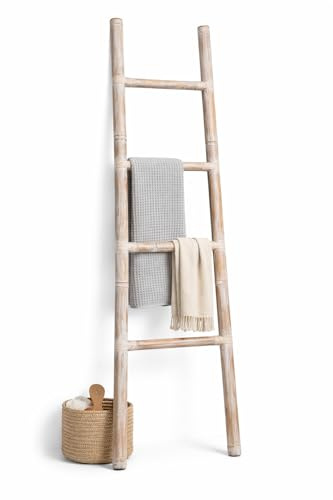 Handtuchleiter aus Bambus 150 cm – Handtuchhalter & Kleiderständer, 4 Sprossen, Weiß Used Look, freistehende Leiter fürs Bad, Schlafzimmer & Flur