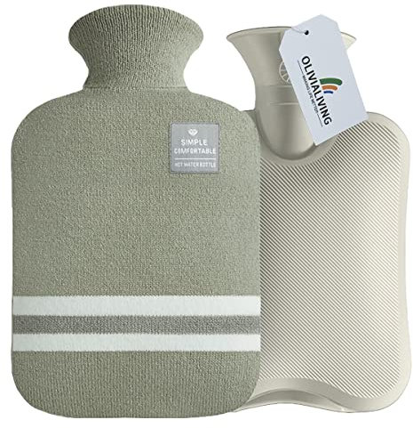 OliviaLiving Wärmflasche mit klassisch gestreiftem Bezug, 2L Wärmbeutel für Menstruationskrämpfe, Nacken- und Schulterschmerzlinderung, Wärme- und Kältetherapien, Handfußwärmer (Erbsengrün)
